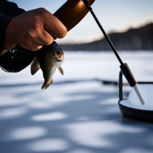 Pescador sosteniendo una trucha marrón recién capturada sobre una superficie de hielo, descubre pescar truchas marrones hielo efectiva.