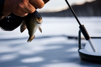 Pescador sosteniendo una trucha marrón recién capturada sobre una superficie de hielo, descubre pescar truchas marrones hielo efectiva.