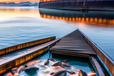 Muelle de madera y flotadores en aguas tranquilas al atardecer descubre practicas sostenibles acuicultura guia completa
