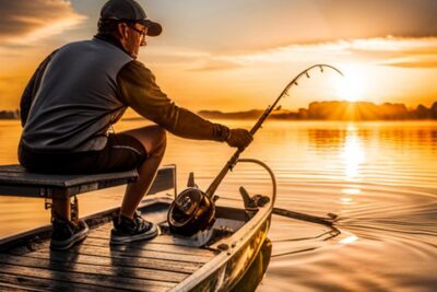 Pescador en bote al amanecer con caña y carrete, descubre tamano ideal senuelos artificiales pesca