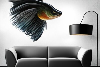 Pez decorativo de aletas largas y colores oscuros sobre un sofá moderno, descubre tamano promedio bass caracteristicas