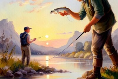 Pescador realizando desenganche seguro trucha guia practica sin dano mientras sostiene una trucha sobre el agua al atardecer
