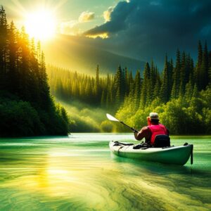 Remero en kayak en un río rodeado de pinos al amanecer destinos pesca kayak descubre donde pescar facilmente.