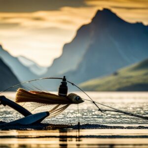Cebo de pesca con mosca sobre el agua al atardecer en destinos pesca mosca agua salada.