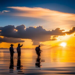 Tres pescadores vadeando en agua salada al atardecer practicando pesca con mosca, escena ideal para destinos pesca mosca agua salada america latina.