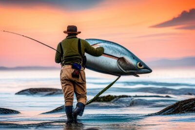Pescador con captura gigante en la orilla al atardecer en destinos pesca mosca agua salada exclusivos