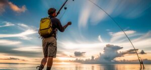 Pescador vadeando y lanceando con caña de mosca al amanecer en destinos pesca mosca agua salada lugares populares