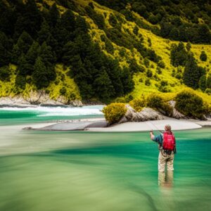 Pescador vadeando en aguas turquesa junto a una costa boscosa destinos pesca mosca agua salada nueva zelanda