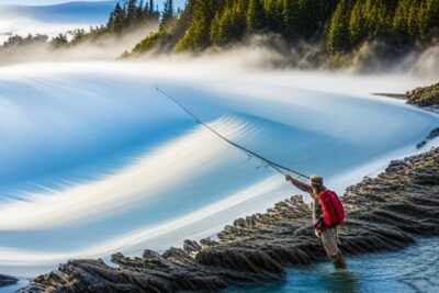 Pescador con mochila roja lanzando una caña desde rocas junto a aguas azules, destinos pesca mosca agua salada pacifico populares