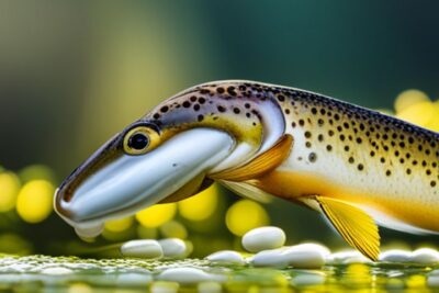 Trucha en superficie junto a pequeños pellets mostrando dieta tipica trucha alimentos habitos alimentarios.