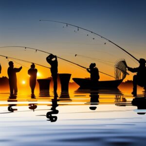 Siluetas de pescadores en el agua al amanecer con cañas y reflejos, diferencia pesca nocturna diurna senuelos artificiales