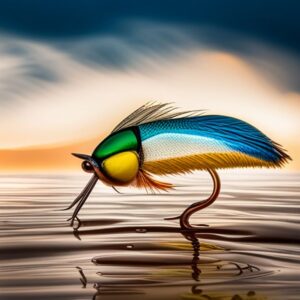 Mosca de pesca colorida posada en la superficie del agua mostrando diferencias moscas secas humedas agua salada.