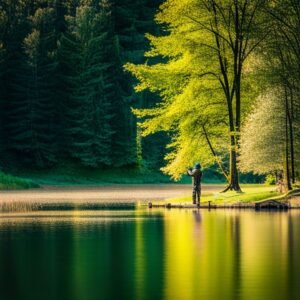 Un pescador de pie en la orilla de un río