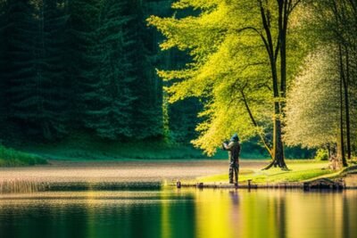 Un pescador de pie en la orilla de un río