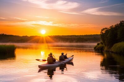 Dos personas en kayak al amanecer sobre un lago tranquilo con reflejos dorados, duracion tipica competencia pesca kayak