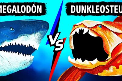 Ilustración vibrante de un Megalodón a la izquierda y un Dunkleosteus a la derecha enfrentándose con un símbolo VS en el centro e1Gs4uKQLxI.