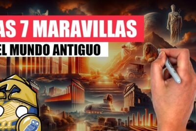Ilustración y collage de las 7 maravillas del mundo antiguo con columnas, esfinge y estatuas