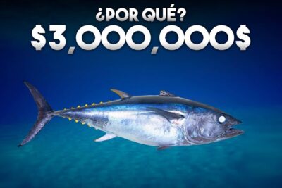 Atún grande nadando sobre un fondo marino azul profundo