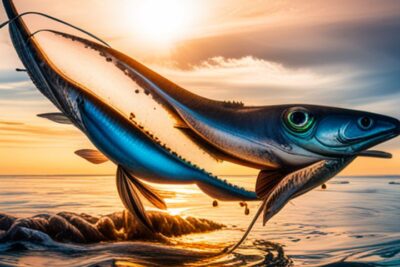 Peces saltando sobre aguas doradas al atardecer que ilustran los efectos pesca ilegal conservacion peces en los ecosistemas marinos.