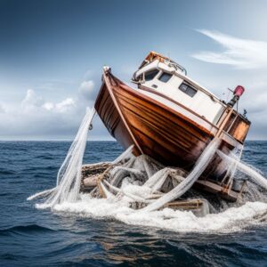 Barco de madera con redes enredadas y agua salpicando que ilustra el impacto pesca ilegal conservacion oceanos.