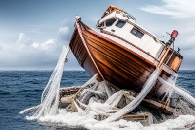 Barco de madera con redes enredadas y agua salpicando que ilustra el impacto pesca ilegal conservacion oceanos.