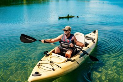 Persona remando en un kayak amarillo sobre agua cristalina con asiento ergonómico y chaleco, el kayak mas estable para pescar disfruta una experiencia unica