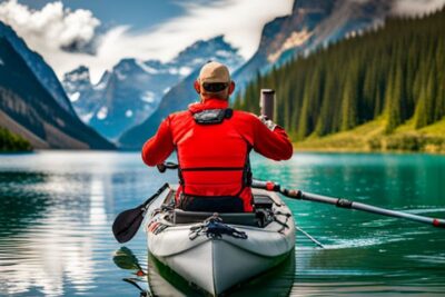 Remero en kayak en lago de montaña mostrando el mejor asiento para un kayak de pesca guia completa con respaldo visible y porta-caña