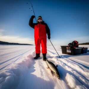 Pescador en traje rojo junto a una captura sobre la nieve en un lago congelado el mejor cebo para pesca en hielo guia completa