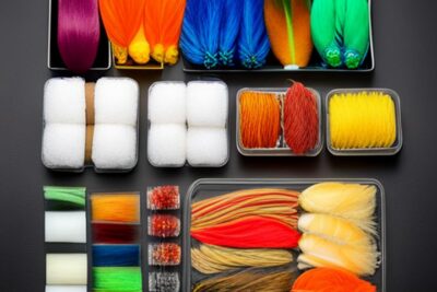 Conjunto organizado de plumas, fibras, hilos y bloques de espuma para atar moscas, ideal para el mejor material atar moscas agua salada guia completa