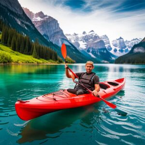Hombre remando en kayak rojo sobre lago turquesa entre montañas, el mejor material para un kayak de pesca