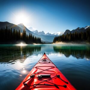 Vista desde la proa de un kayak rojo en un lago montañoso al amanecer, pensando en el mejor remo para pescar en kayak guia completa y recomendaciones.