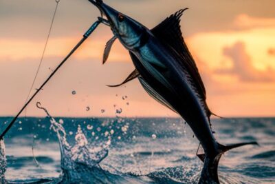 Pez vela saltando del agua enganchado a un cebo junto a una caña en un atardecer, el mejor senuelo pesca pez vela guia completa