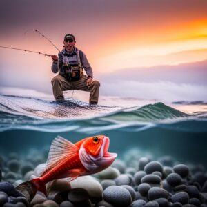 Pescador al atardecer y pez rojo bajo el agua destacando el mejor tippet pesca mosca agua salada.