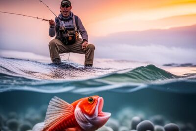 Pescador al atardecer y pez rojo bajo el agua destacando el mejor tippet pesca mosca agua salada.