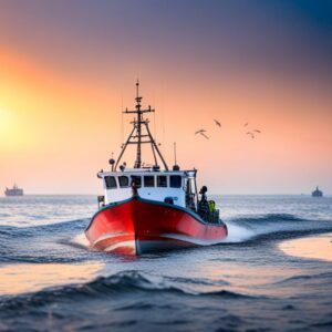 Barco pesquero rojo navegando al amanecer con gaviotas, simbolizando el papel ongs regulacion pesquera