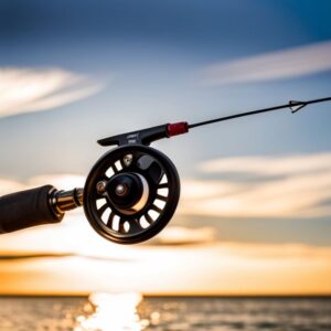 Primer plano de un carrete de mosca sobre una caña con el mar y el atardecer, elegir sacadora pesca mosca agua salada