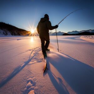 Pescador en esquís sobre lago nevado al amanecer sosteniendo una caña, elige cebo adecuado pesca hielo guia consejos.