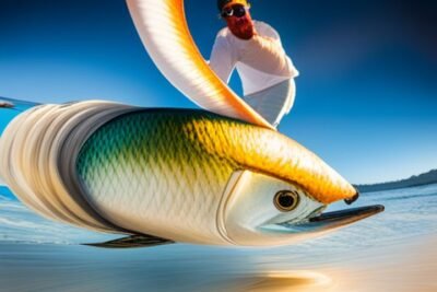 Un tarpon saltando en el agua mientras un pescador selecciona una mosca de su caja