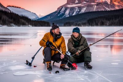 Dos pescadores sentados sobre el hielo con cañas y equipo frente a montañas al atardecer, encuentra companero equipo competir pesca hielo