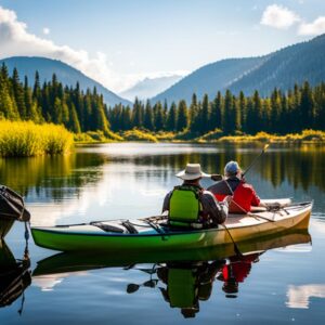 Dos personas en kayak en un lago montañoso y tranquilo, escena ideal para encuentra companero ideal pesca kayak
