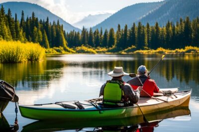 Dos personas en kayak en un lago montañoso y tranquilo, escena ideal para encuentra companero ideal pesca kayak