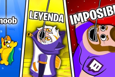 Miniatura colorida con tres paneles que muestran un personaje noob, una figura leyenda y un streamer en desafío eowLrlMPwcg