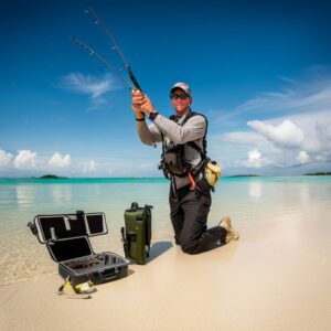 Fotógrafo en la orilla con equipo fotografico pesca mosca agua salada, cañas y maletines protectores junto al mar