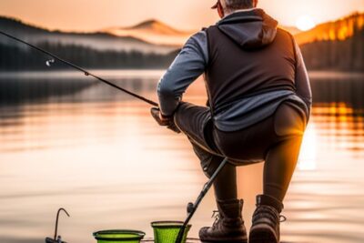 Pescador arrodillado en un muelle al atardecer con caña de pescar y cubos de cebo, equipo pesca bagres recomienda