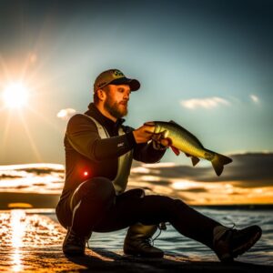 Pescador arrodillado junto al agua sosteniendo un pez al atardecer con equipo pesca nocturna senuelos artificiales