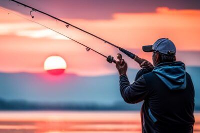 Pescador en el agua al atardecer con equipos pesca bass canas carretes recomendados en mano.
