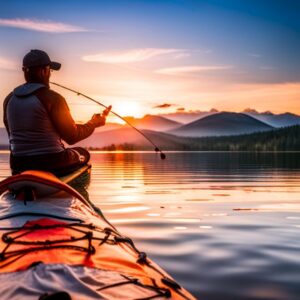 Persona pescando desde un kayak al atardecer en un lago tranquilo con equipos pesca pescar kayak
