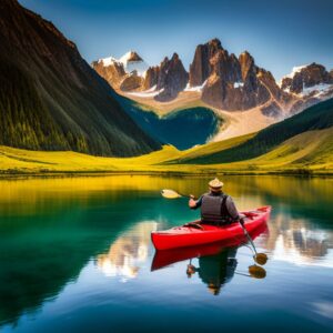 Persona en kayak rojo en un lago de montaña que invita a preguntar si es seguro pescar kayak acompanado