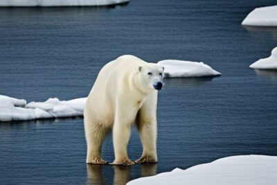 Oso polar de pie entre placas de hielo flotantes, especie mas escasa pesca hielo en aguas frías