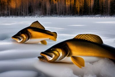 Dos ejemplares de especie pez abundante pesca hielo rios reposan sobre la nieve frente a un bosque nevado.